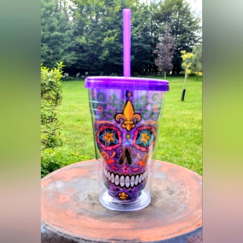 New Colorful Sugar Skull Tumbler with Straw.